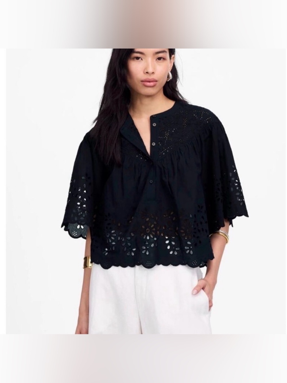 Madewell Black Eyelet Flutter Sleeve Cotton Blend Top
